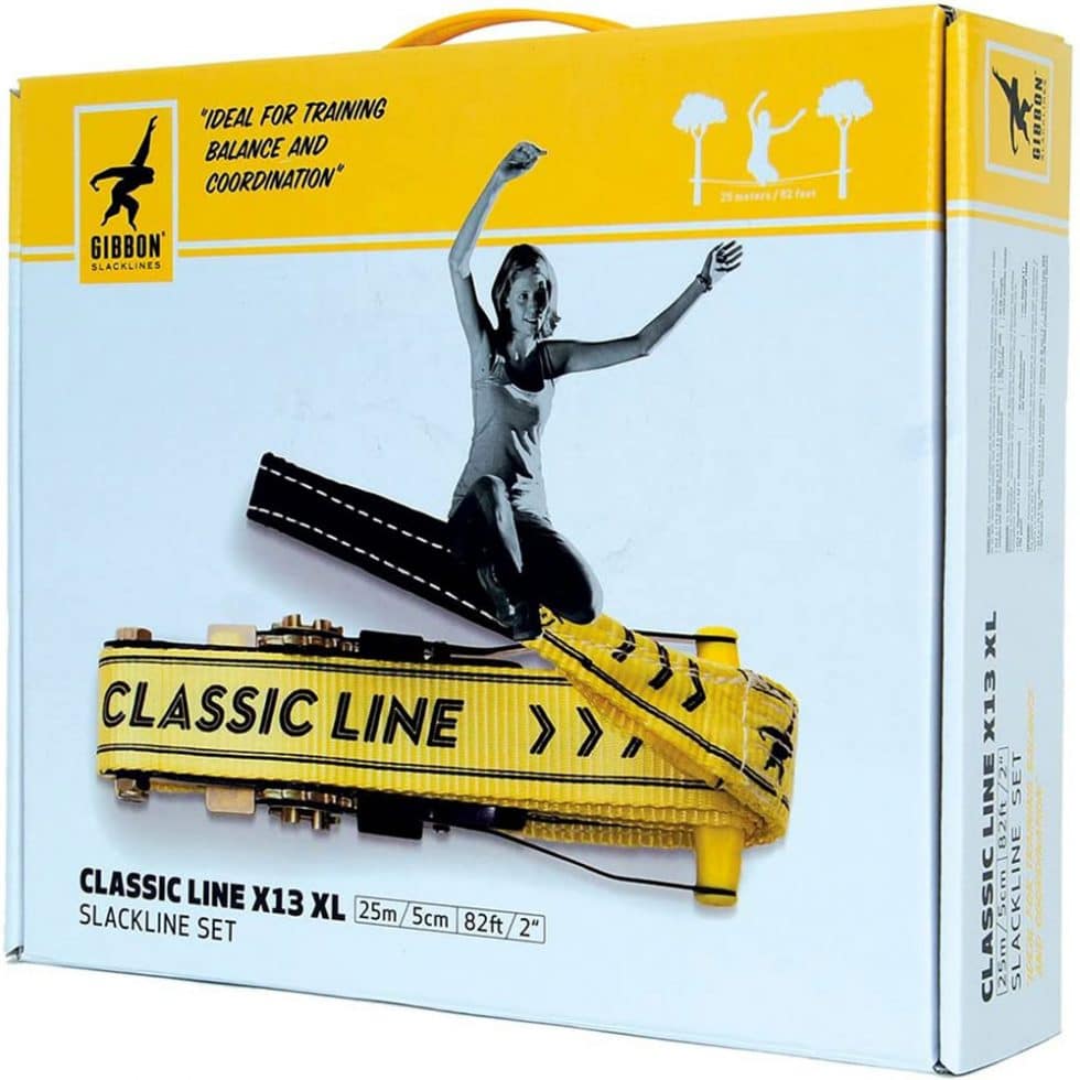 Gibbon Slackline Flowline Kit 25m - Sangle 2.5cm, 2 Cliquets, Protection Arbre - Débutants/Experts